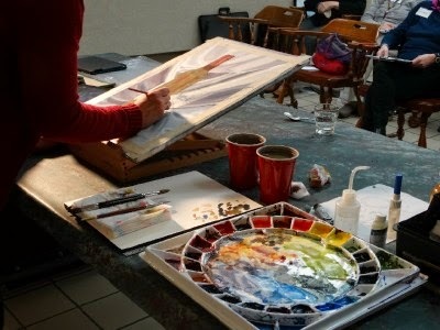 Set up - slanted easel, double-ended brushes and "color wheel" palette.